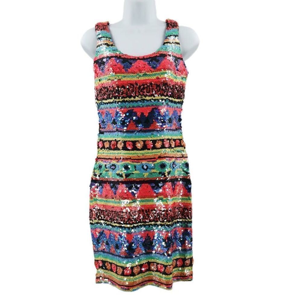 Vintage 80s 90s Rainbow Sequin Hand Beaded Bodycon Dress Size S